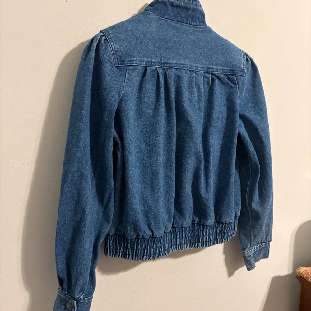 Vintage Dark Blue Bomber Jean Jacket Size Medium Stranger Things Puff Shoulder - Picture 4 of 9